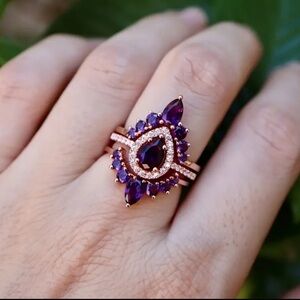 Royal Regal Teardrop Cut Princess Amethyst Elegance Ring Set Three Rings